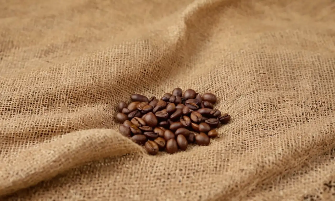 Granos de café realistas sobre una tela de arpillera