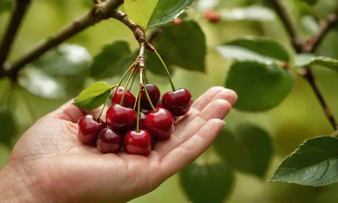 Una mano recolecta cerezas de café maduras