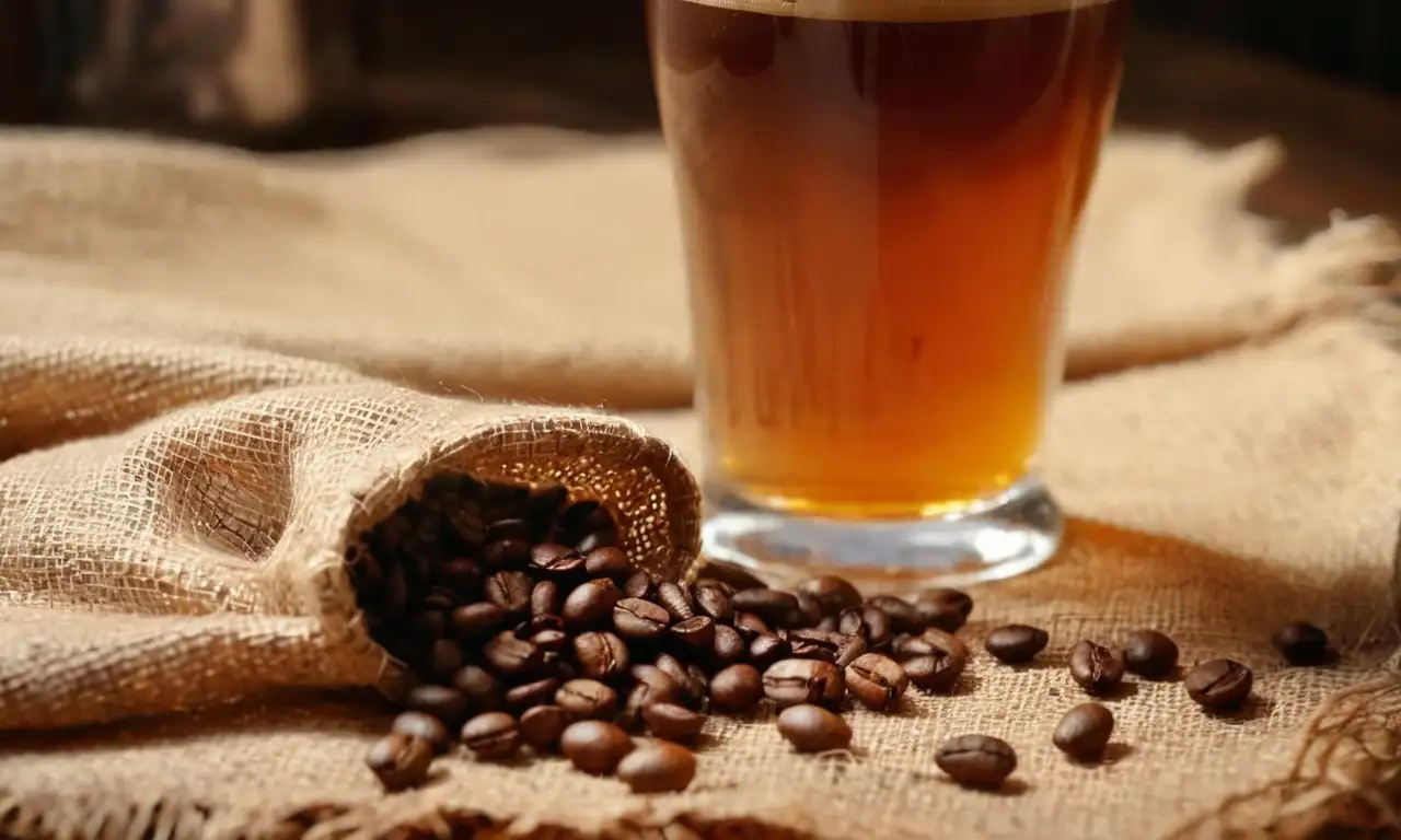 Café oscuro con espuma en un vaso sobre una mesa de madera