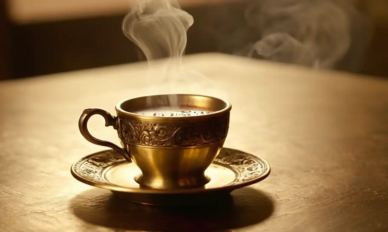 Café oscuro humeante en una taza de bronce labrada