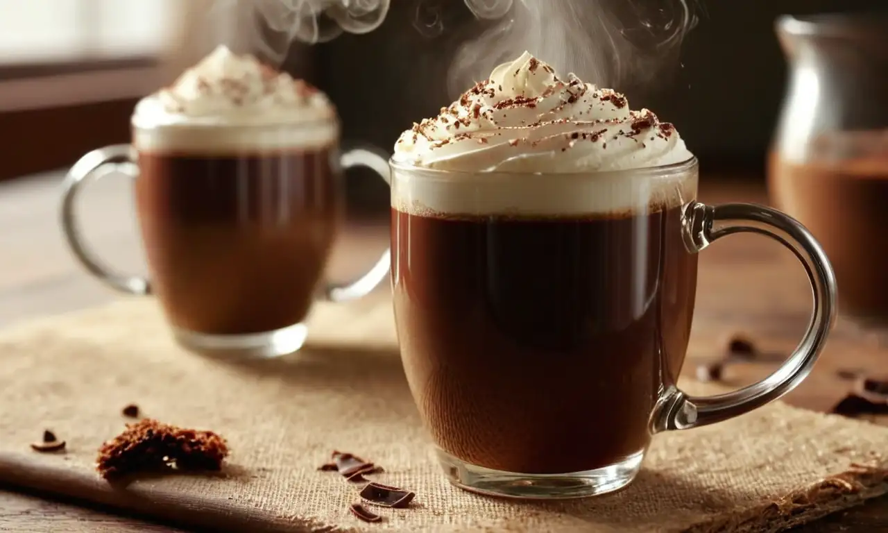 Taza humeante de chocolate caliente con crema y virutas