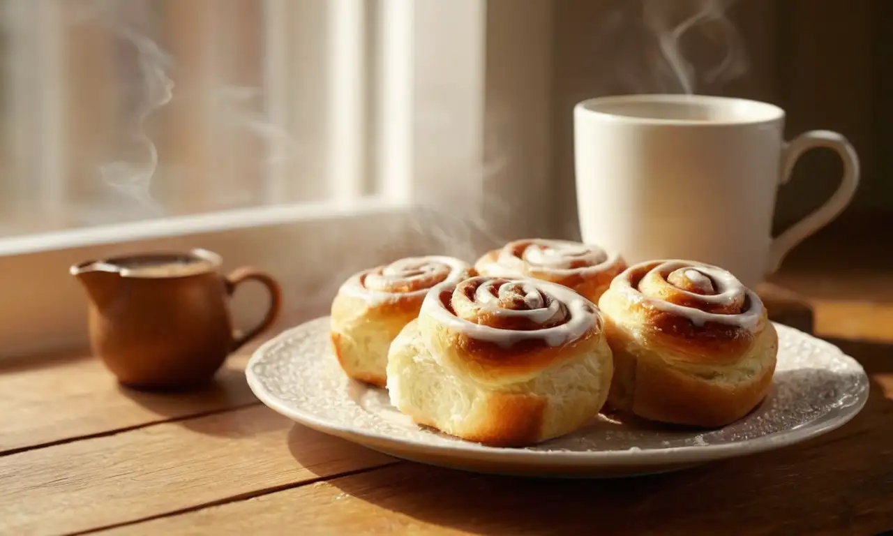 Un desayuno acogedor con café y bollos de canela bañado por la cálida luz de la ventana