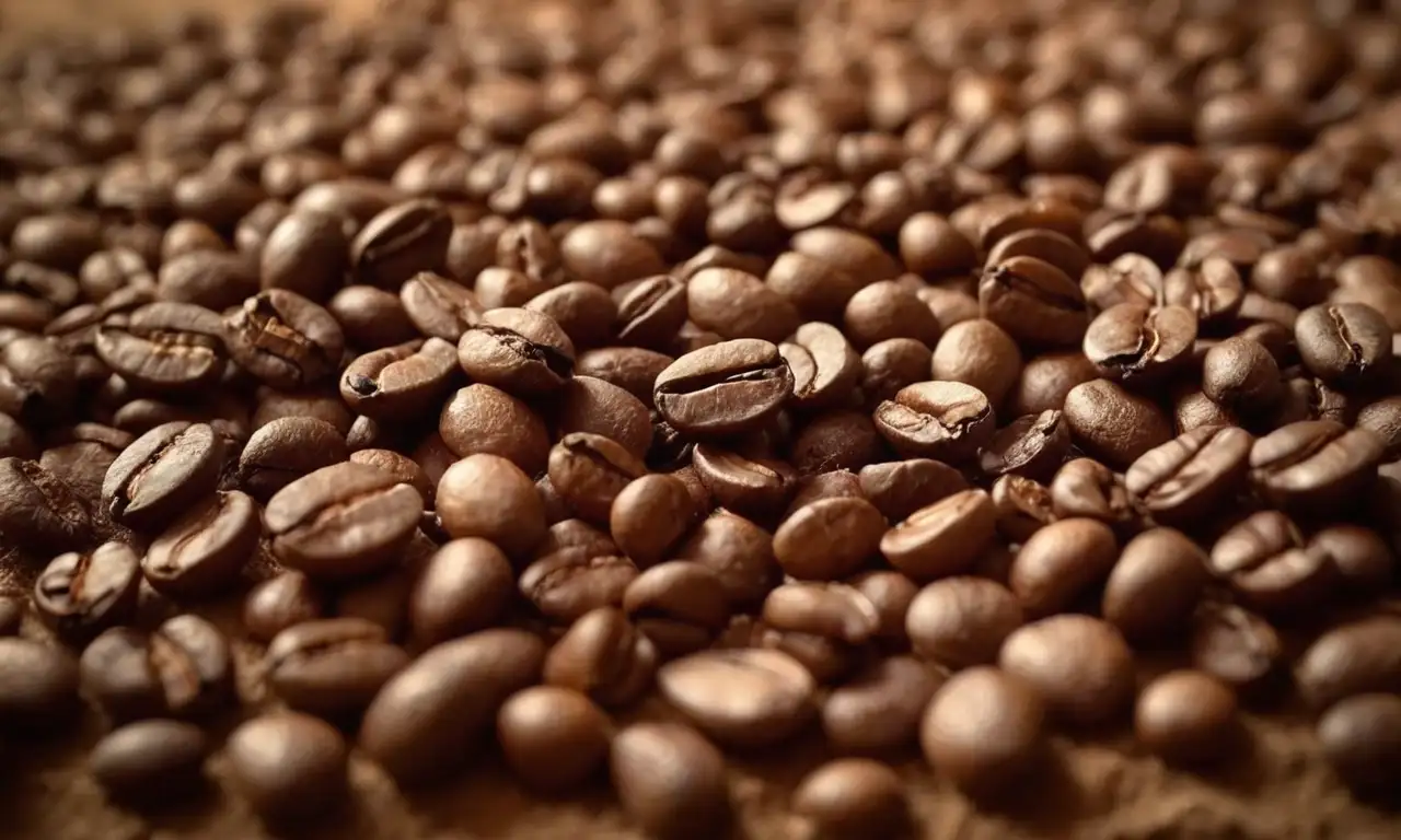 Granos de café tostado, realistas y esparcidos