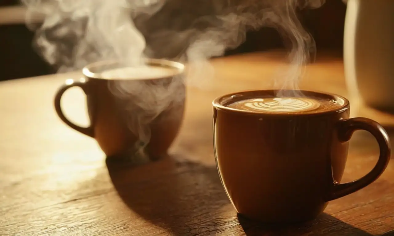 Tazas de café humeantes sobre una mesa de madera