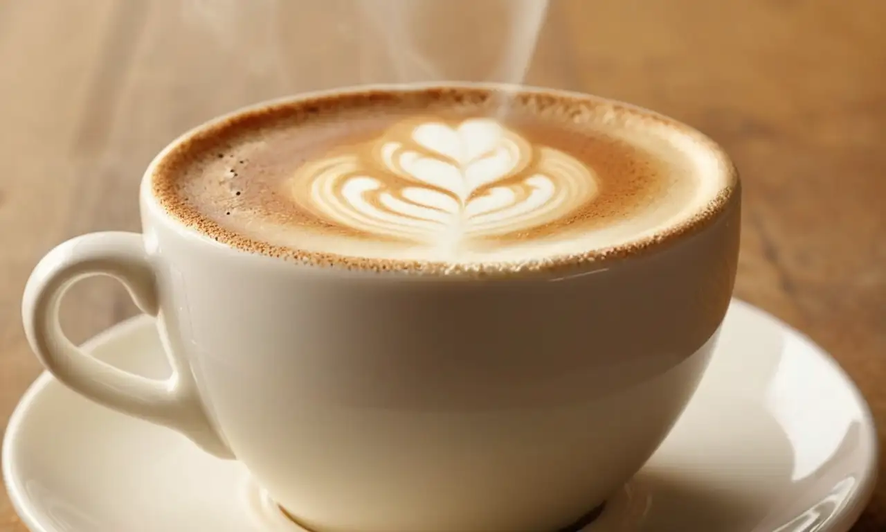 Un capuchino humeante en una taza blanca de porcelana