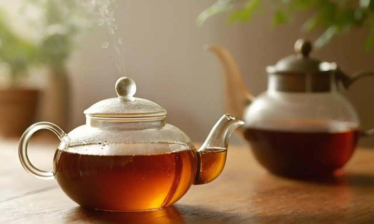 Té caliente en tetera de cristal sobre mesa de madera