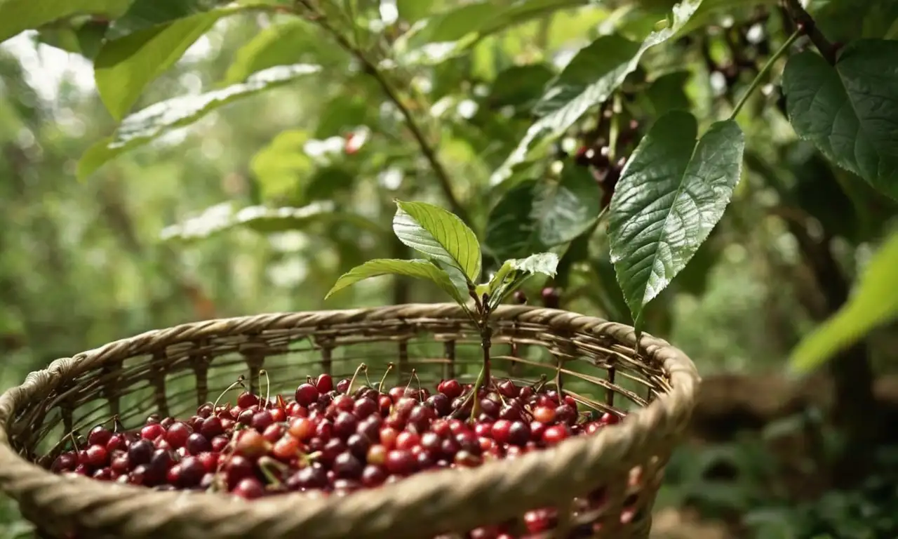 Un trabajador cosecha café en una plantación montañosa