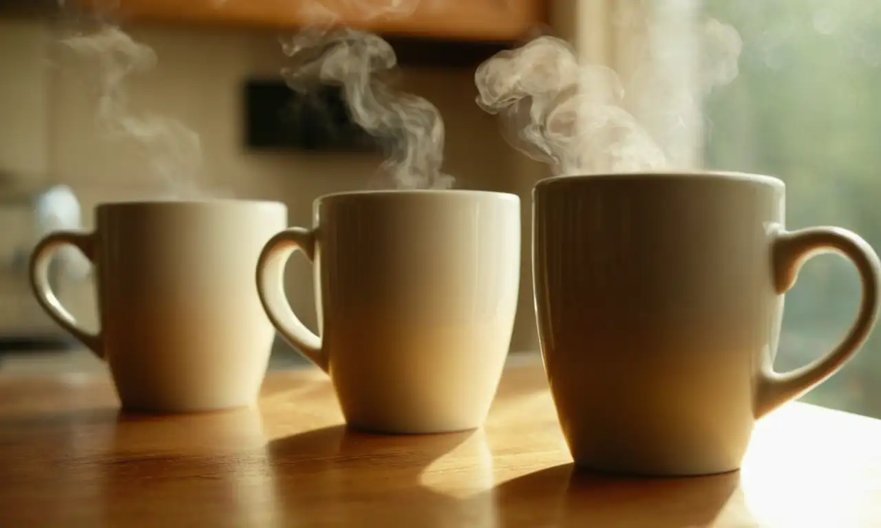 Una taza blanca de café humeante sobre una superficie con luz cálida