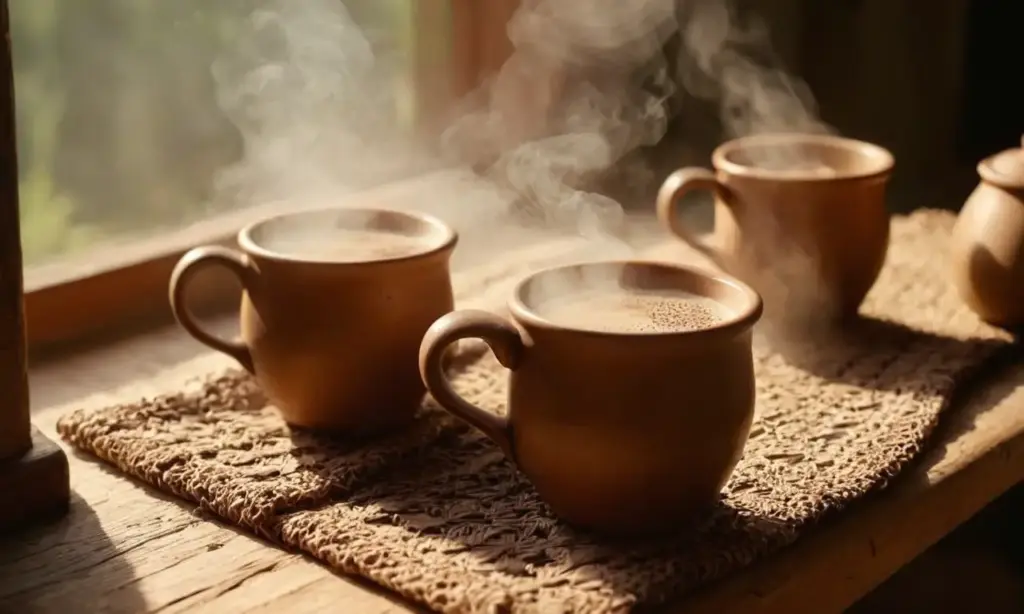 Manos morenas disfrutan un café matutino en una humilde cocina