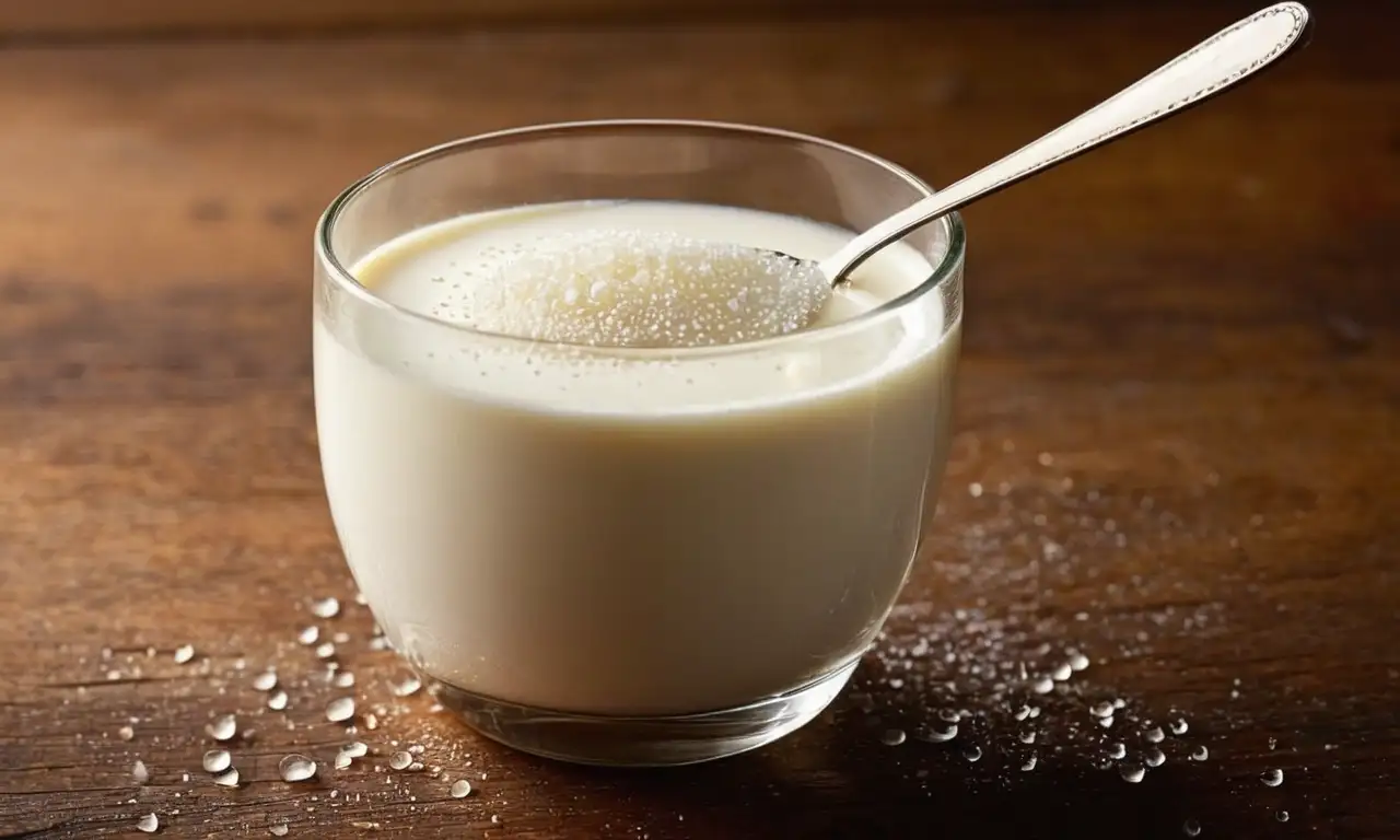 Un vaso de leche sin lactosa junto a una cuchara, azucarera y taza de café humeante sobre una mesa de madera
