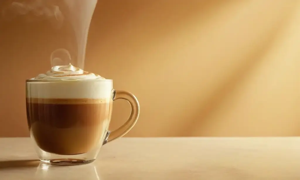 Latte perfecto en taza de cristal con espuma cremosa y vapor suave