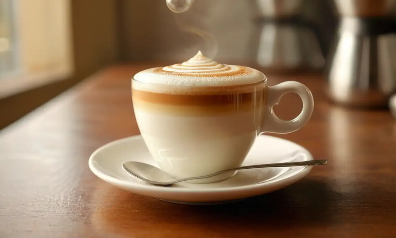 Capuchino perfecto con arte latte, vapor y luz natural